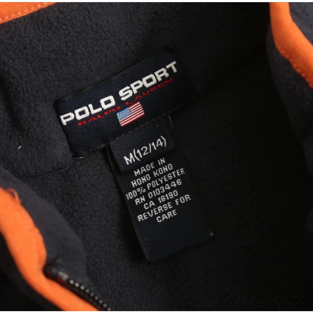 Ralph Lauren Boys 12-14 Polo Sport Navy Fleece Vest Gilet Orange Trim NWT